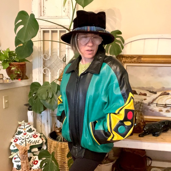 Vintage 1980’s Michael Hoban Hobo Stop Light USA Leather Jacket In Living Color - Picture 4 of 14